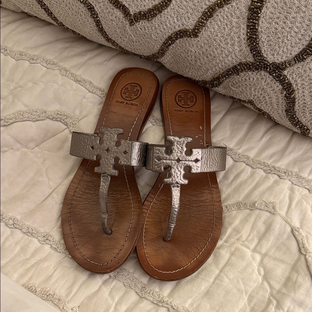 Tory Burch Metallic Silver and Tan Sandals